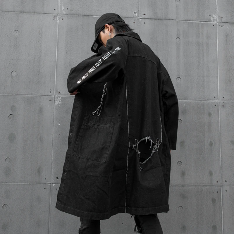 Куртка мужская джинсовая с рваными дырками длинная винтажная в стиле хип хоп