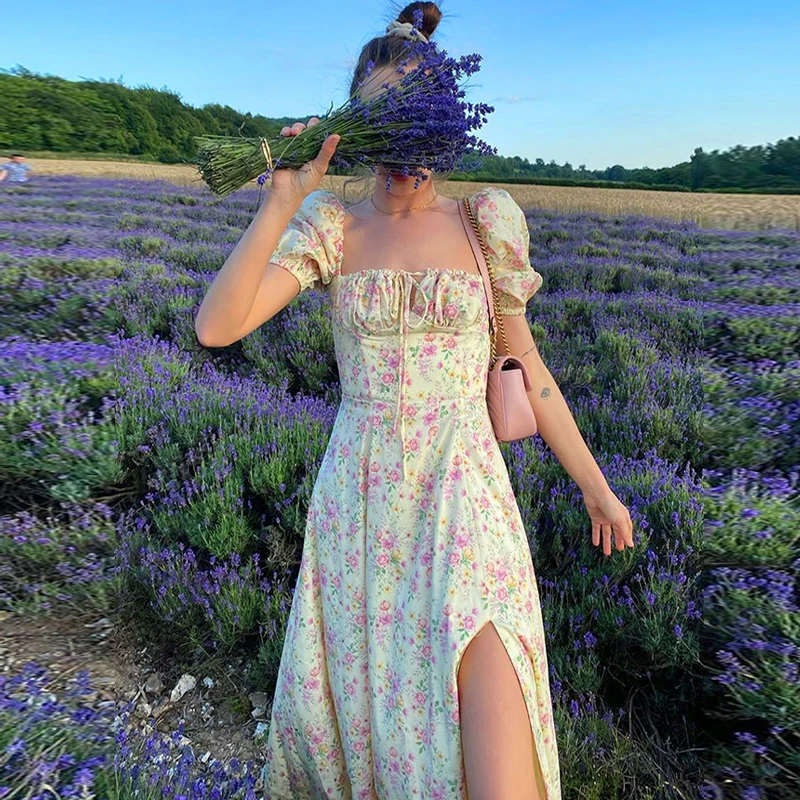 

Y2K Women Vintage Floral Split Long Dress Summer Square Collar Puff Sleeve Sexy Off Shoulder A-line Dresses For Holiday Sundress