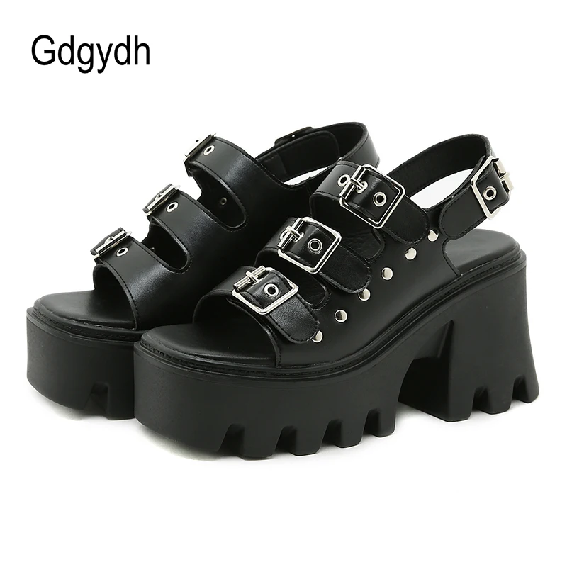 

Gdgydh Female Sandals Black Buckle Strap Rubber Sole Platform Heels Soft Comfort Gothic Punk Sandals Chunky Heels Peep Toe