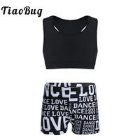 tiaobug kids girls dance costume letters printed ballet jazz gymnastics shorts with crop top workout sports two piece dancewear