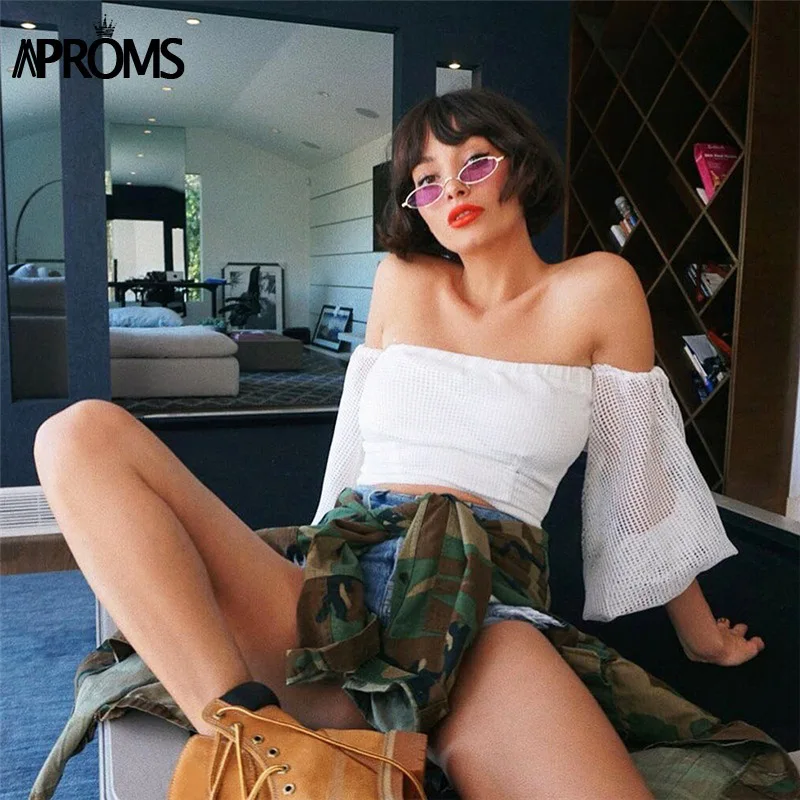 Aproms белые сетчатые топы с открытыми плечами винтажные открытые женские майки с рукавом-фонариком повседневные летние топы