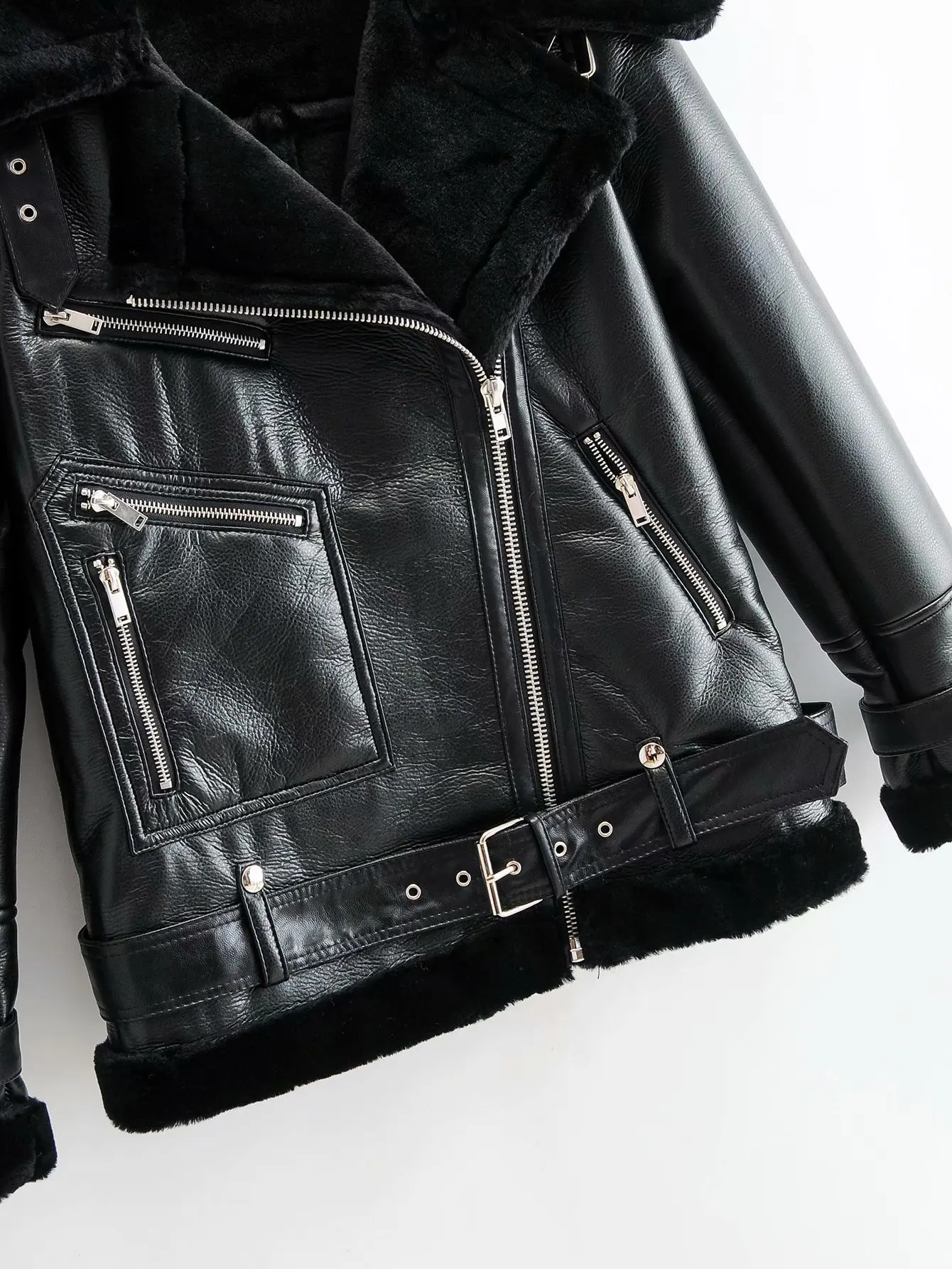 

fur Zipper one piece Lapel Plush motorcycle coat leather coat women's loose leather jacket 022230