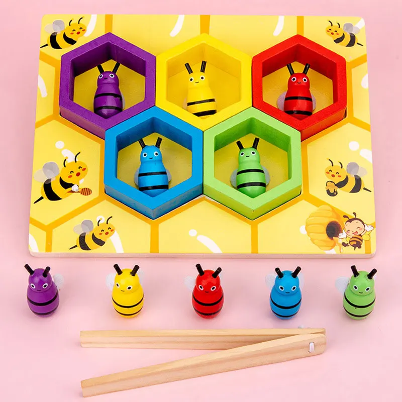 Abrazadera Montessori para beb&eacute;s, juego de colmena de abejas, juguete para recoger y atrapar, regalos de desarrollo, educaci&oacute;n cognitiva de Color-1