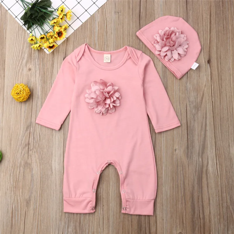 2PCS Newborn Baby Girl Clothes 3D Flower Long Sleeve Romper Jumpsuit Hat Autumn Outfit Set | Мать и ребенок