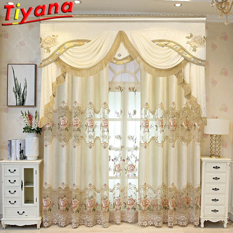 

Luxury Hollow Out Flowers Embroidery Curtains for Living Room Semi-Blackout Beige Elegant European Window Drapes for Bedroom #VT