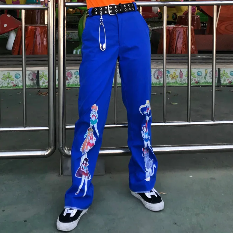 Anime Pretty Guardian Sailor Moon Print Women Trousers Loosen Long Pants Mid Waist Pant Female Harajuku Hip Hop Punk Streetwear