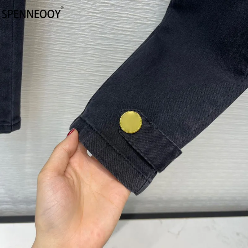SPENNYMOOR 2021 Designer Brand High-End Custom Black Denim Pencil Pants Women Golden Buttons Elastic Ankle-Length Pants