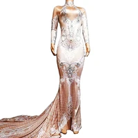 sparkling rhinestones backless women dress long sleeve leotard mermaid dresses prom party birthday celebrate costumes