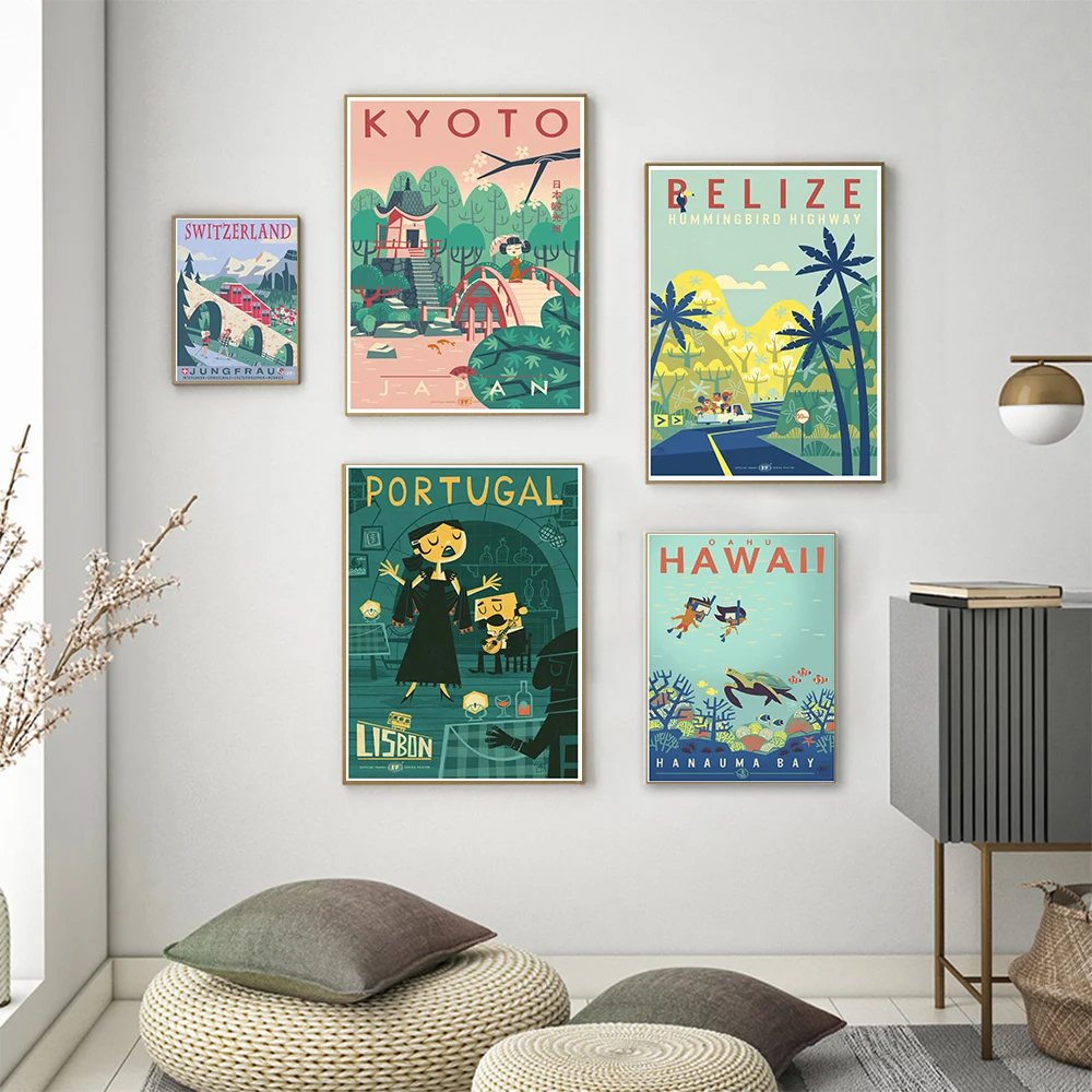 Скандинавский мультяшный постер для путешествий Япония Португалия гавайский
