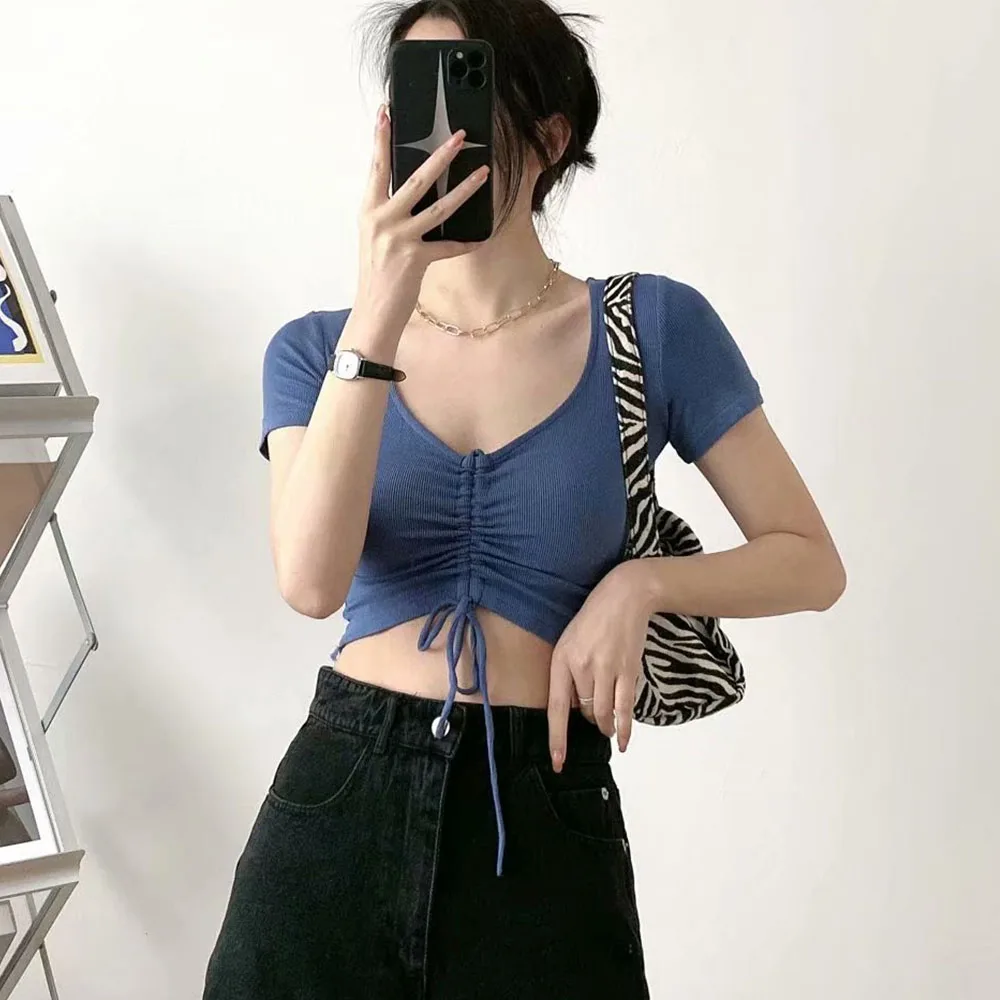 

DiYiG WOMAN 2021 summer new women's pleated drawstring design ribbed T-shirt short sleeve multicolor V-neck top