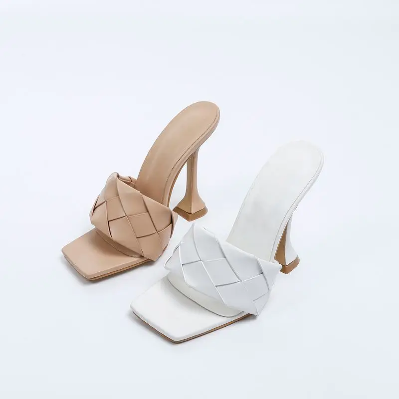 

Summer Weave Women Slippers Fashion Thick High heels Gladiator Sandals Outdoor Beach Slides Ladies Mules Shoes zapatos de mujer