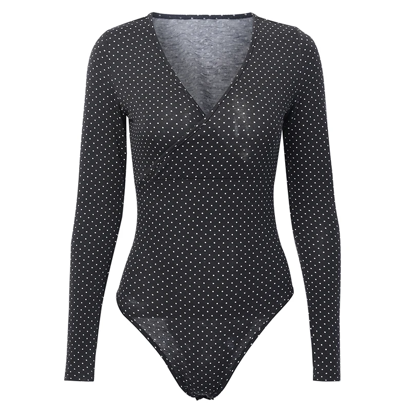 

Women Bodysuit Ladies Sexy V-neck Polka Dot Long Sleeve Stretch Leotard Bodysuit Tops Jumpsuit Romper