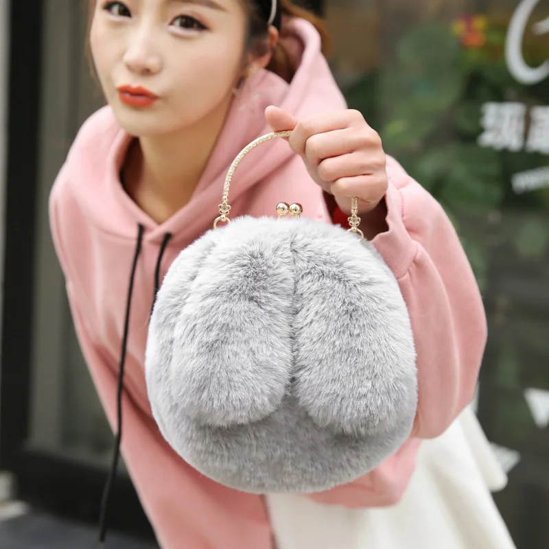 Cute Fashion Imitation Rabbit Plush Bunny Ear Metal Clip Bags Handbags Woman Street Wild Chain Shoulder Messenger | Спорт и