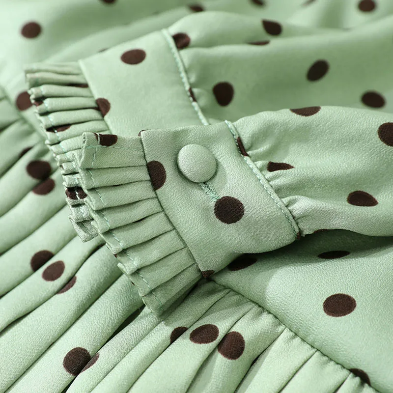 

HARLEYFASHION Women Vintage Ruffles Peter Pan Collar Dress 2021 Spring Polka Dot Print Lace Up Bow Pleated Vestidos 2 Color