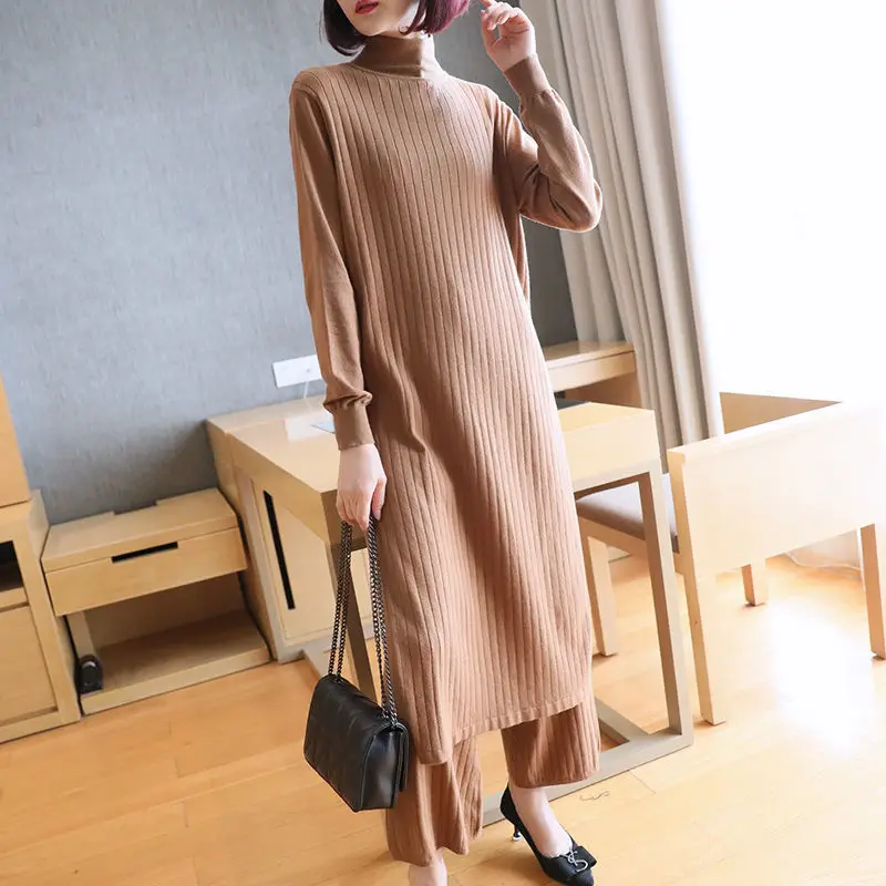 

Spring Autumn Knit Sweater Wide Leg Pants Up and Down Two-piece Long-sleeved Solid Color Pullover Sweater Women's Suit Y222