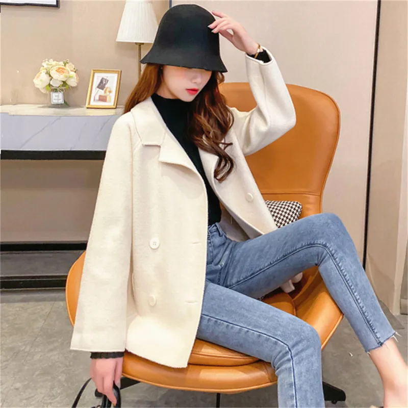 

2020 Imitation Double Sided Knitted Cardigan Coat Korean Fashion Loose Simple Imitation Wool Suit Solid Color Jacket Female C141