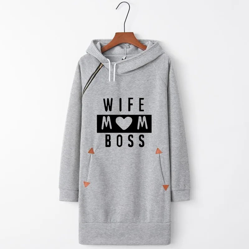 WIFE MOM BOSS Printed Thicken Funny Loose Kawaii Cartoon 2019 Autumn Women Fashion Hoodies Long Sweatshirt Dresses Pullover Top | Женская