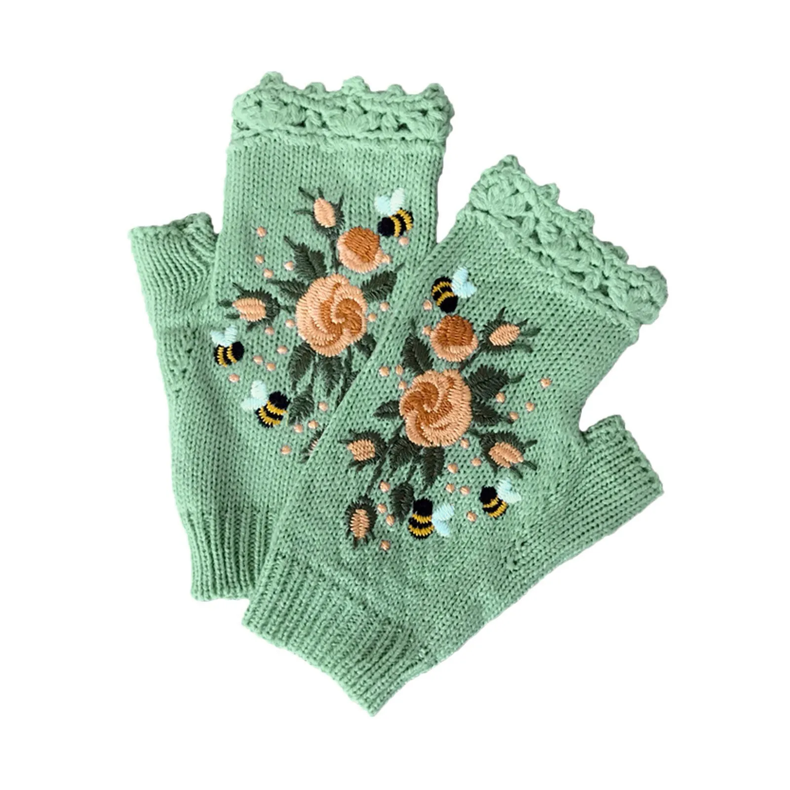 

Sagace Autumn Flower Embroidery Crochet Gloves Women Knitted Fingerless Casual Warm Mittens Girl Sweet Gloves Guantes