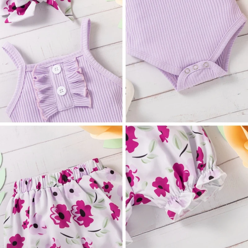 

3Pcs Summer Baby Girl Clothes Set Romper Floral Shorts Hairband Outfits cotton fashion Baby's Sets for 0-18M