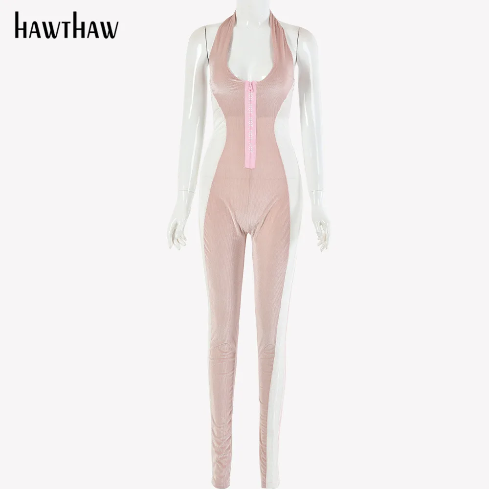 

HAWTHAW women casual autumn winter letter print sleeveless striped fitness workout skinny jumpsuit clothes 2020 fall sporty