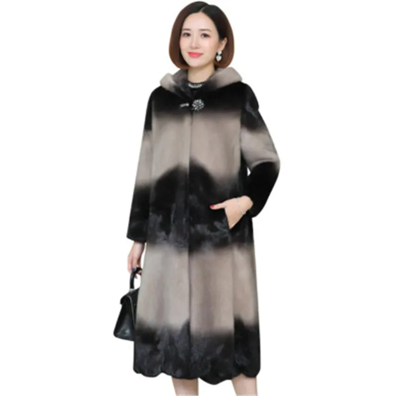 

New Women Winter Fur Mink Fur Hooded Mink Medium Long High Quality Luxury Coat Loose Plus size Thick warm Mink Fur Coats AS1366