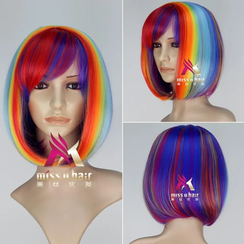 

Halloween Costumes Cosplay Wigs for Black Women White Womans Color Rainbow Bob Synthetic Hairs with Bangs Natural Party+wig cap