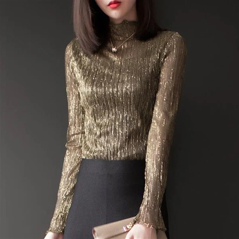 2021 летняя Новинка шелковая кружевная женская блузка однотонная водолазка тонкая