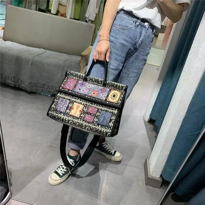 Women Bags Canvas Patchwork Embroidery Purse Handbags Girl Shoulder Bags Cross Body Messenger Bag Female Totes Fashion Flower