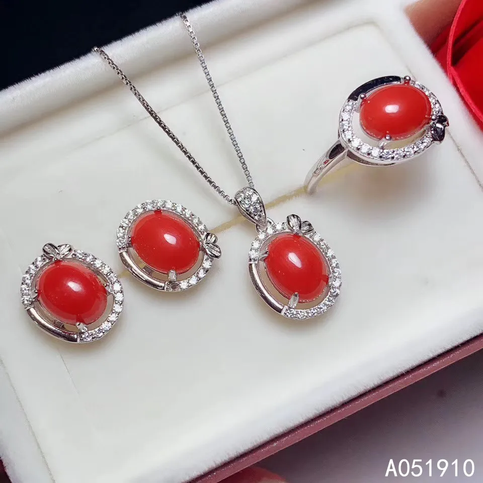 

KJJEAXCMY boutique jewelry 925 sterling silver inlaid Natural Red Coral pendant Ring Earring Suit Support Detection popular