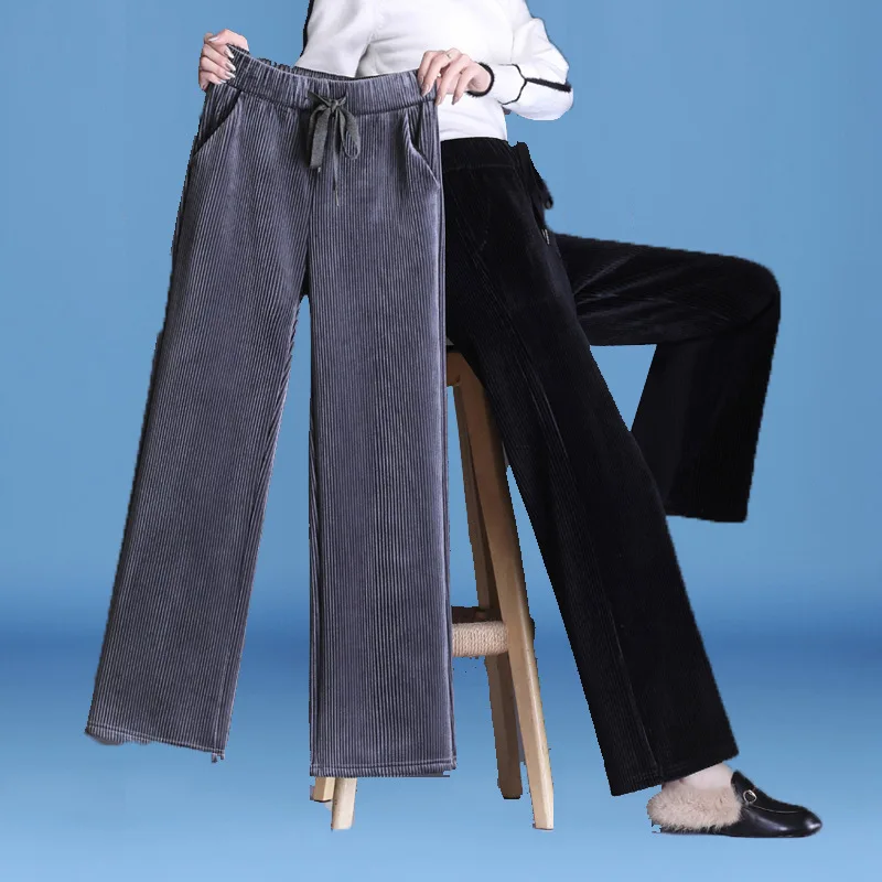 

Corduroy Wide-Leg Pants High Waist Drooping Corduroy Pants Fashionable Temperament Slim Plus Size Fleece-Lined Thicker Winter