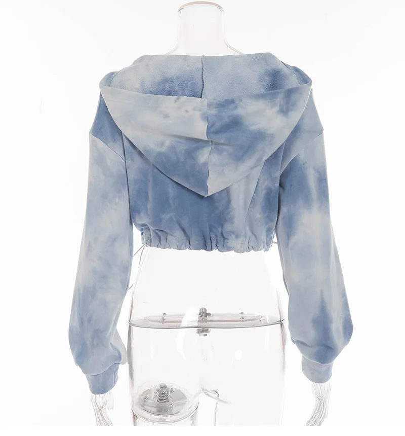 

2021 Spring and Autumn Korean Style Drawstring Short Slim Top Women's Zipper Design Tie-dye Small V-neck Hooded Sweater Trend