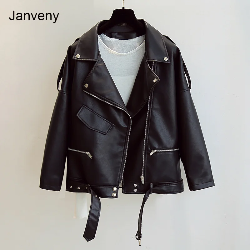 

Janveny Nice PU Faux Leather Jacket Women Loose Sashes Casual Biker Overcoat Outwear Female Tops BF Style Black Leather Coat