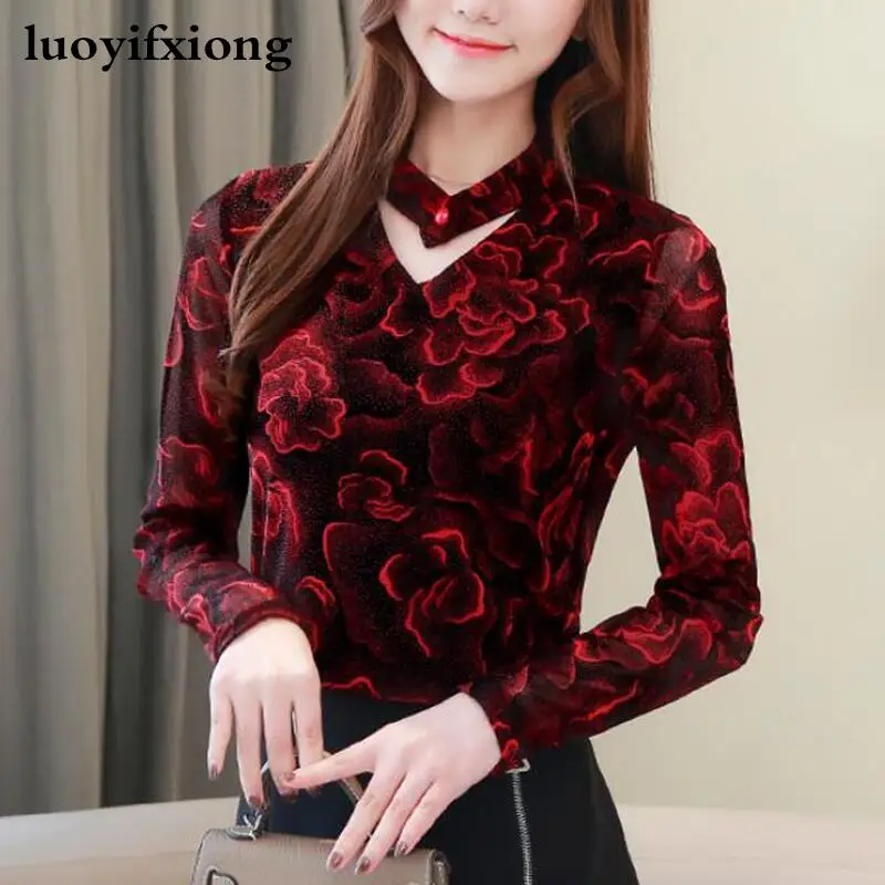 

Korean Fashion Print Lace Blouse Women Shirts Autumn Long Sleeve V-neck Womens Tops and Blouses Plus Size Casual Camisas Mujer