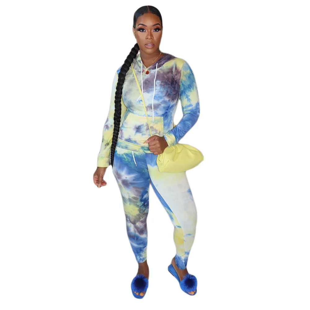 

HAOOHU Sport Tie Dye Print Women's Set Hoodies Tops Pencil Jogger Pants Suit Two Piece Active Wear Tracksuit Outfit Matching