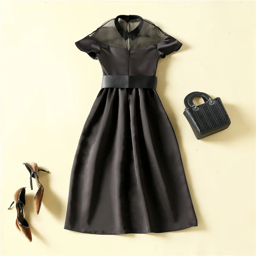 

European High End Runway Chic Black Hepburn Prom Dress Lady Peter Pan Collar Perspective Lace Patchwork Belt Vestidoes