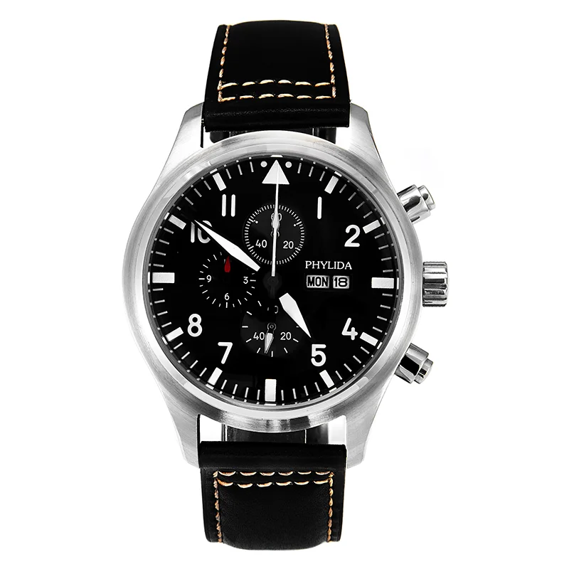 Часы пилот MIYOTA 45 мм с хронографом и кожаным ремешком|Мужские спортивные часы| |