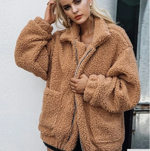 

Elegant Faux Fur Coat Women 2018 Autumn Winter Warm Soft Zipper Fur Jacket Female Plush Overcoat Pocket Casual Teddy Outwear