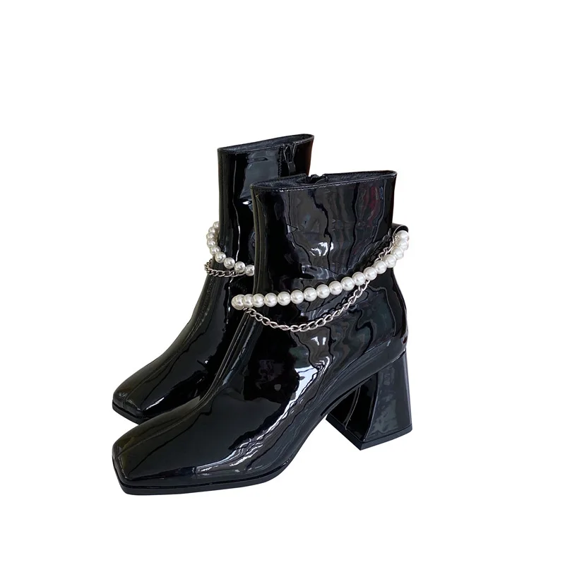 Женские ботильоны на толстом высоком каблуке дамские ботинки с цепочкой