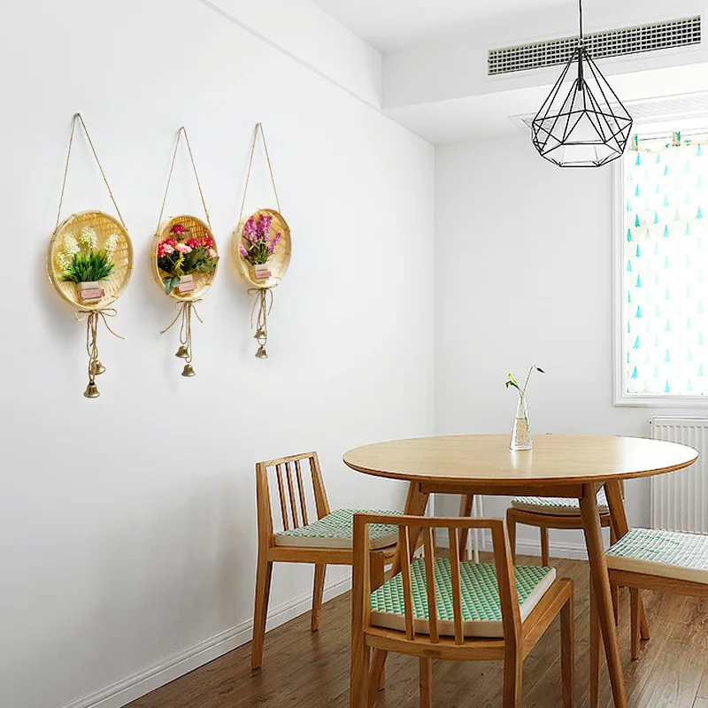 

Rural personality bamboo basket simulation potted wall hanging snack bar wall art pendant creative decoration wall decor