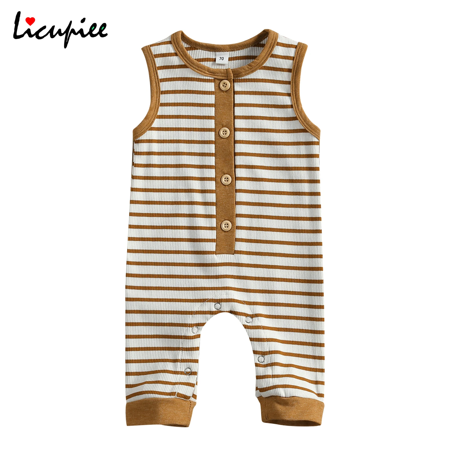 

0-18 Months Baby\u2019s Casual Sleeveless Jumpsuit Summer Fashion Stripe Round Neck Pull-on Single-breasted Romper