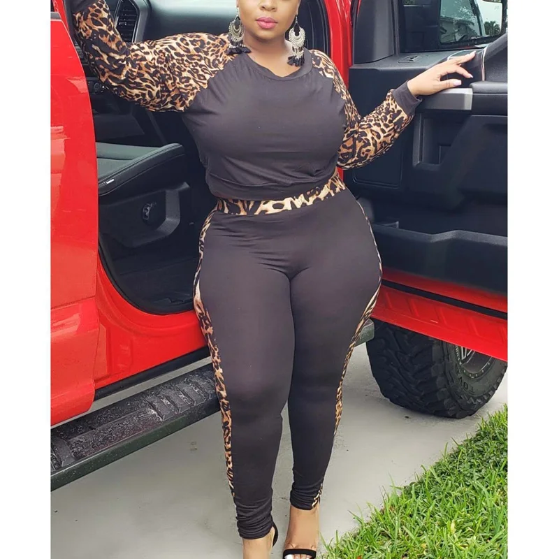 

2020 Women Suit Tracksuit Sportwear Oversize Leopard Tie Dye Patchwork Two Pieces Set Long Pants Outfit Clubwear