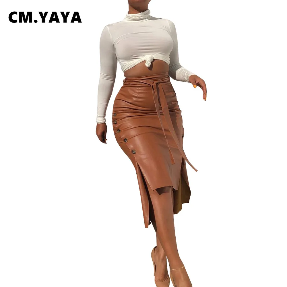 CM.YAYA Women High Waist Faux Leather Skirts Night Club Street Vintage Bodycon Midi Button Slit Side Party Bandage Skirt | Женская