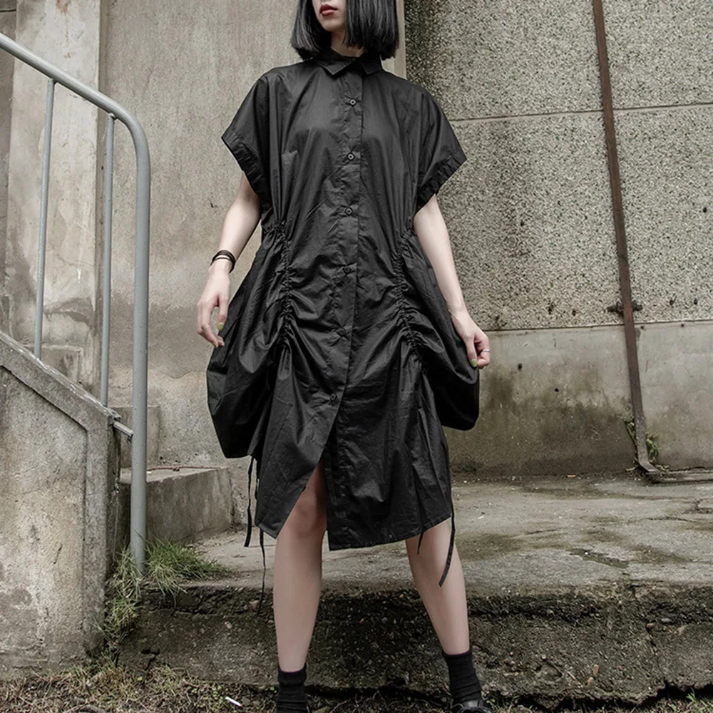 

Gothic Women Shirt Dress Pleated Lace-Up Asymmetrical Design Single-Breasted Summer Fashion Harajuku Japan Korea Lady Young