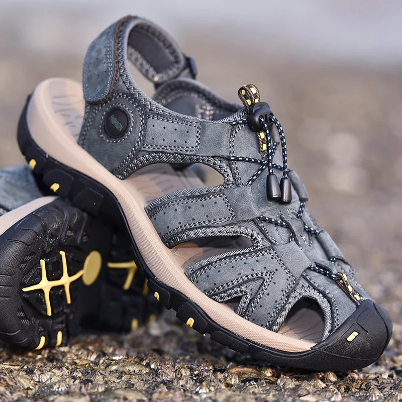 Сандалии мужские кожаные на платформе Нескользящие босоножки для треккинга