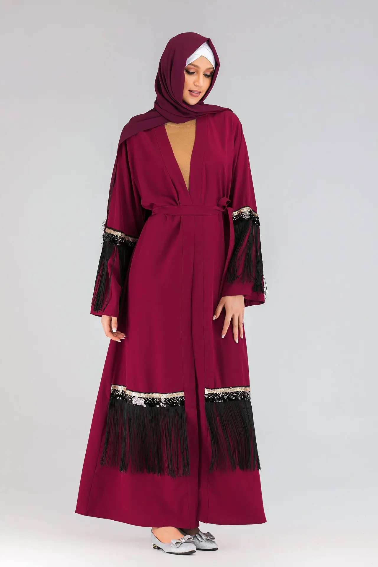 

Middle Eastern Turkish Women Outerwear Sequins Tassel Cardigan Trench Femme Long Coat with Sashes TA1795