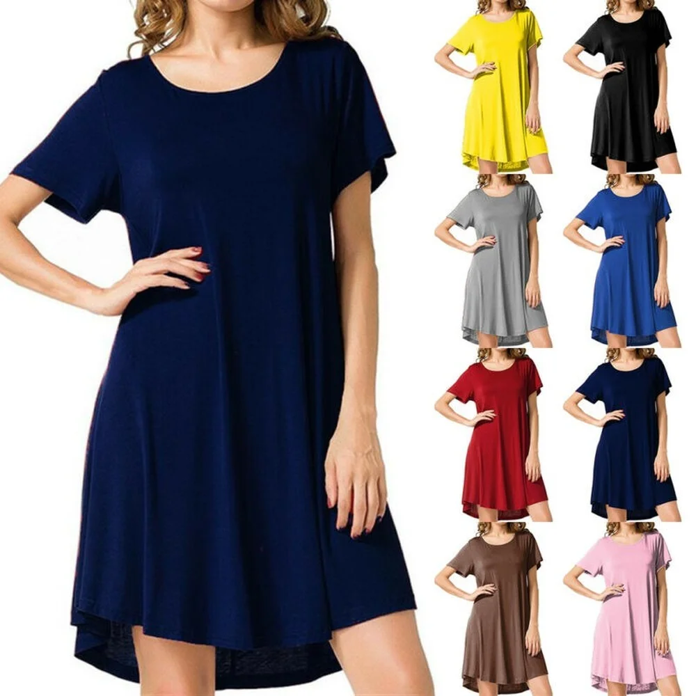

Women's Plain Short Sleeve Casual Summer Mini Shirt Dress Loose Swing Tunic Tops