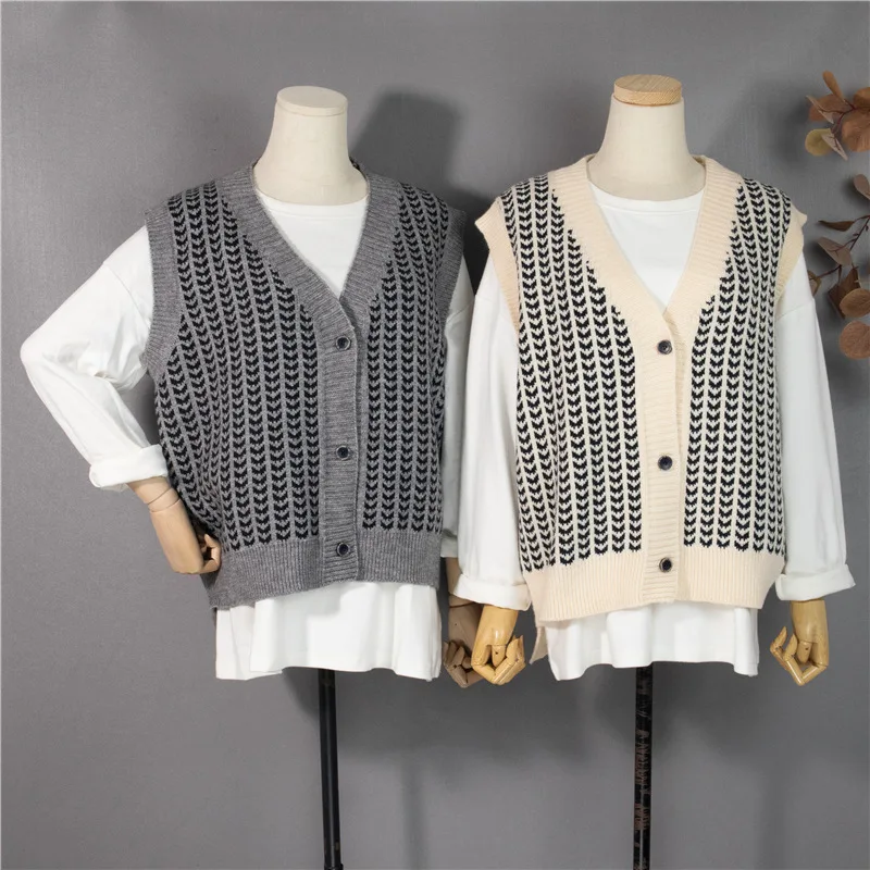 Клетчатый однобортный вязаный жилет с V-образным вырезом для женщин повседневный