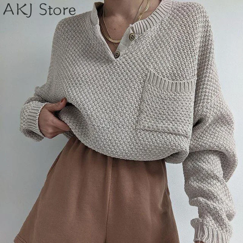 

Women Solid Color Pocket Design Long Sleeve Casual Pullover Sweater