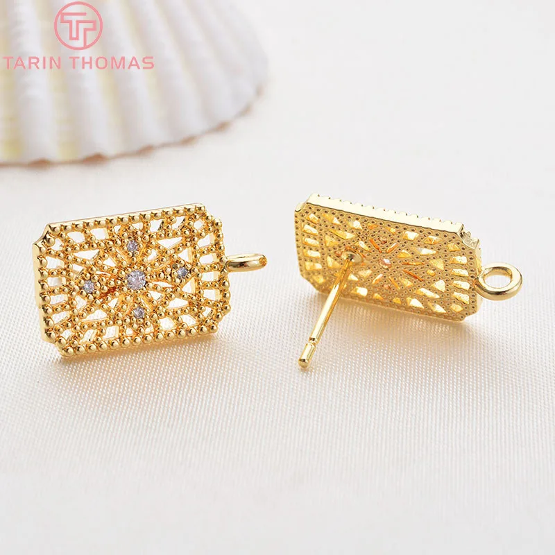 

4PCS 10x15MM 24K Gold Color Brass with Zircon Hollow Rectangle Stud Earrings High Quality Diy Jewelry Findings Accessories