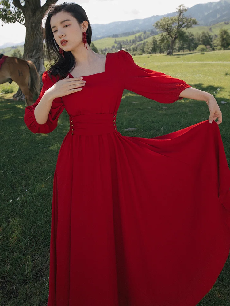 

Элегантное и Просторное платье, женское платье в стиле ретро с пышными рукавами, летнее красное платье-макси для отпуска, женское платье